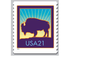 The original denomination for this stamp commission by USPS Stamp Committee was for a Bulk Rate stamp. The direction was changed for a second ounce but the image survived and this Bison 21¢ Stamp was issued in 2001. It is in the permanent collection of the Buffalo Bill Museum~Cody,Wyomig.